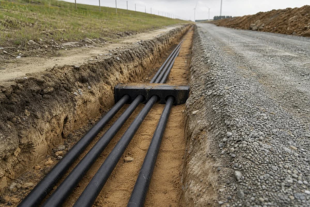 Open conduit trench with duct banks beside a renewable access road during grid connection civil works