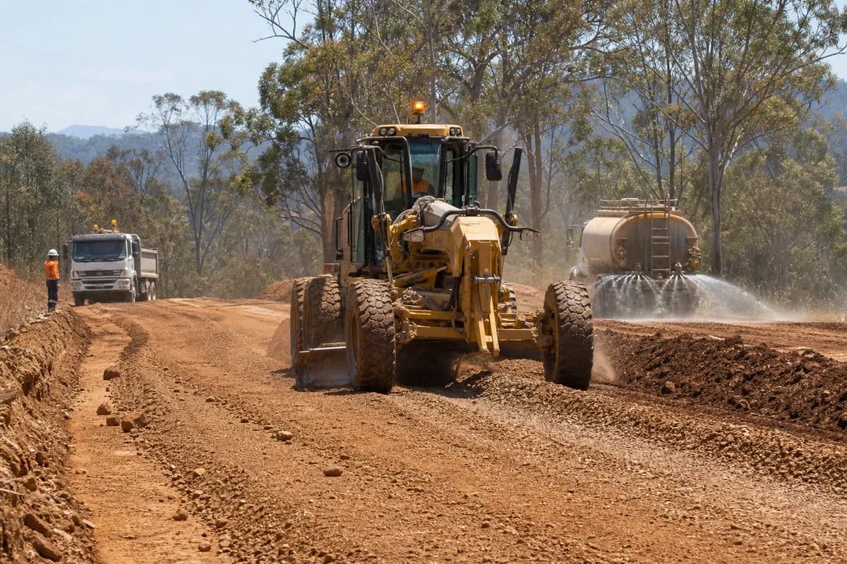 Haul road construction NSW grader reshaping a gravel corridor while a water cart controls dust on an Australian NSW site