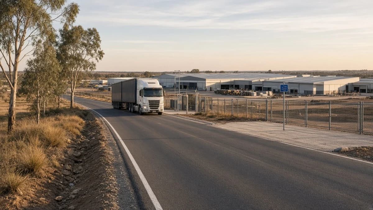 Access road construction NSW sealed heavy-vehicle corridor into a Western Sydney logistics industrial estate under late afternoon Australian light
