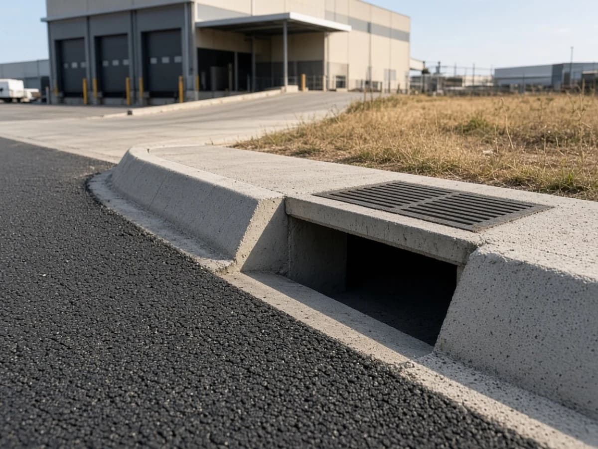 Road drainage contractor kerb inlet and grate at the asphalt edge of a NSW logistics dock apron pavement in Australia