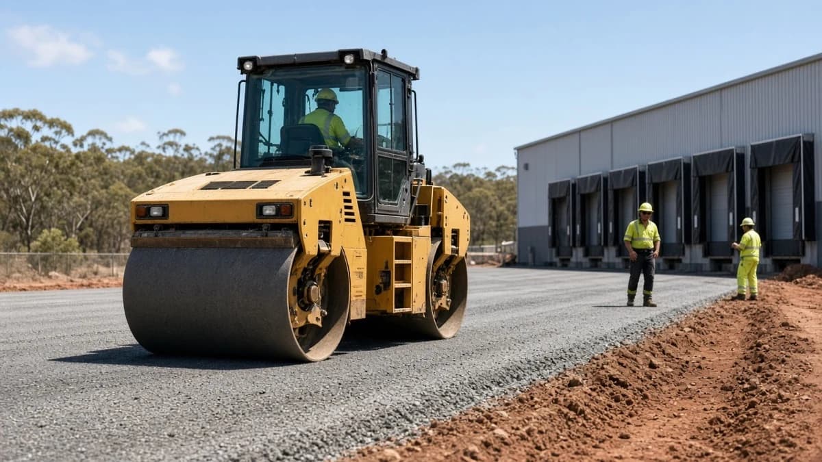 Heavy vehicle pavement NSW base being compacted by a yellow roller beside warehouse loading docks on a New South Wales logistics estate, Australia