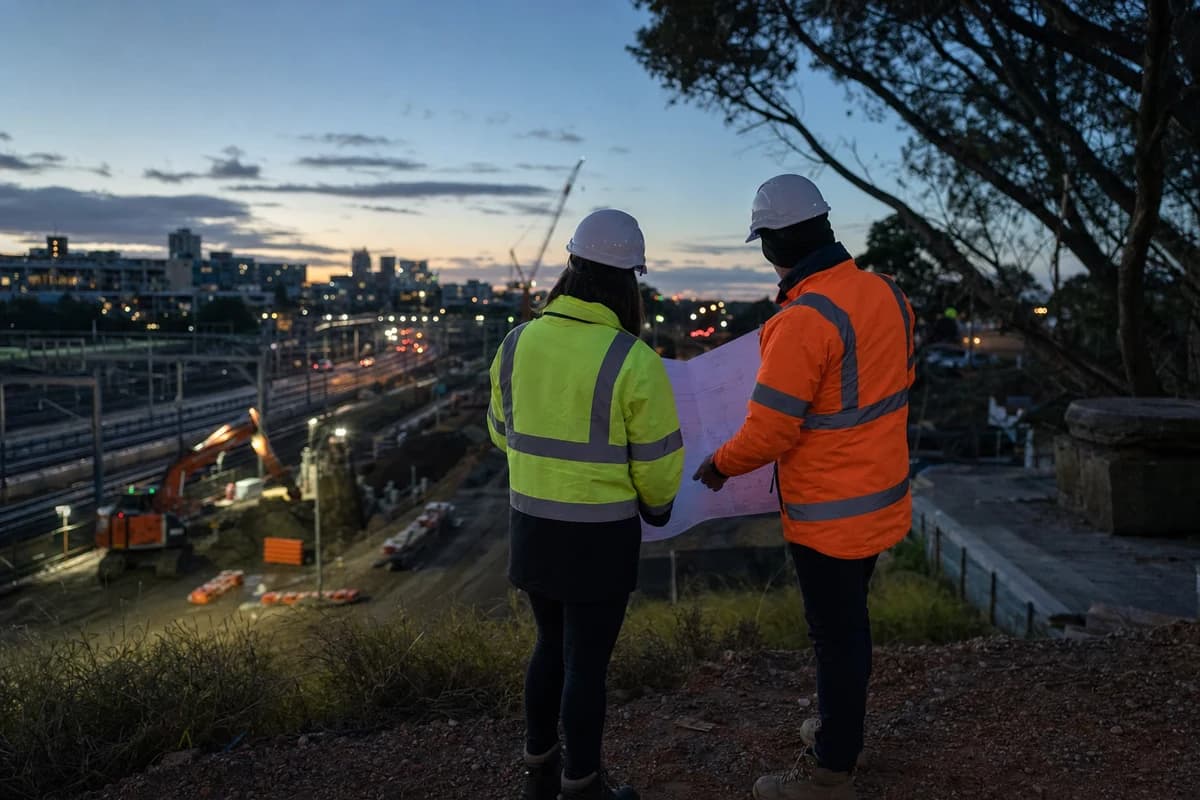 Civil procurement NSW review of drawings at dusk beside an industrial construction corridor