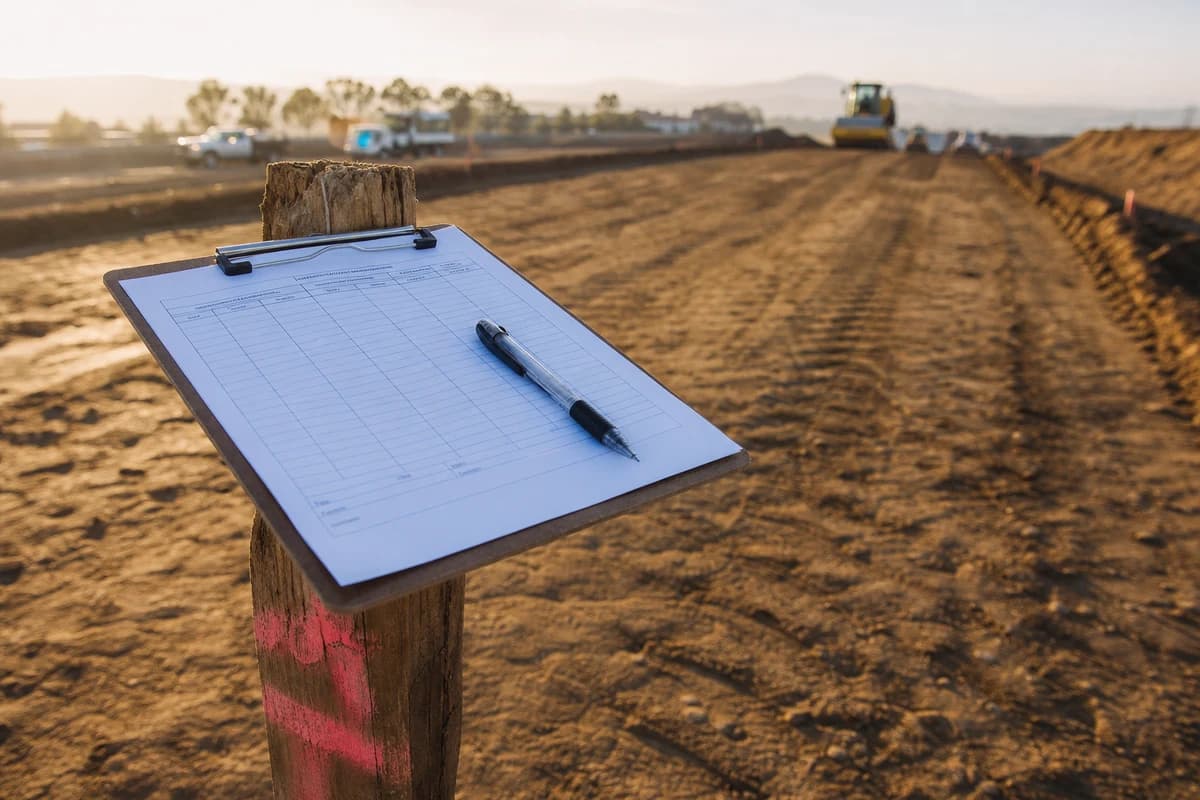 How to choose a civil contractor NSW delivery proof: inspection checklist and pen on a survey stake at formation