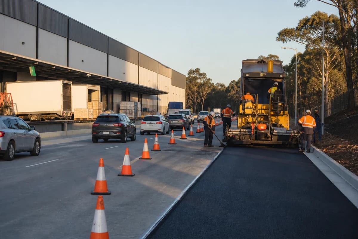 Asphalt works NSW staged on an industrial estate road with one lane open to warehouse traffic while a paver works the closed lane in New South Wales