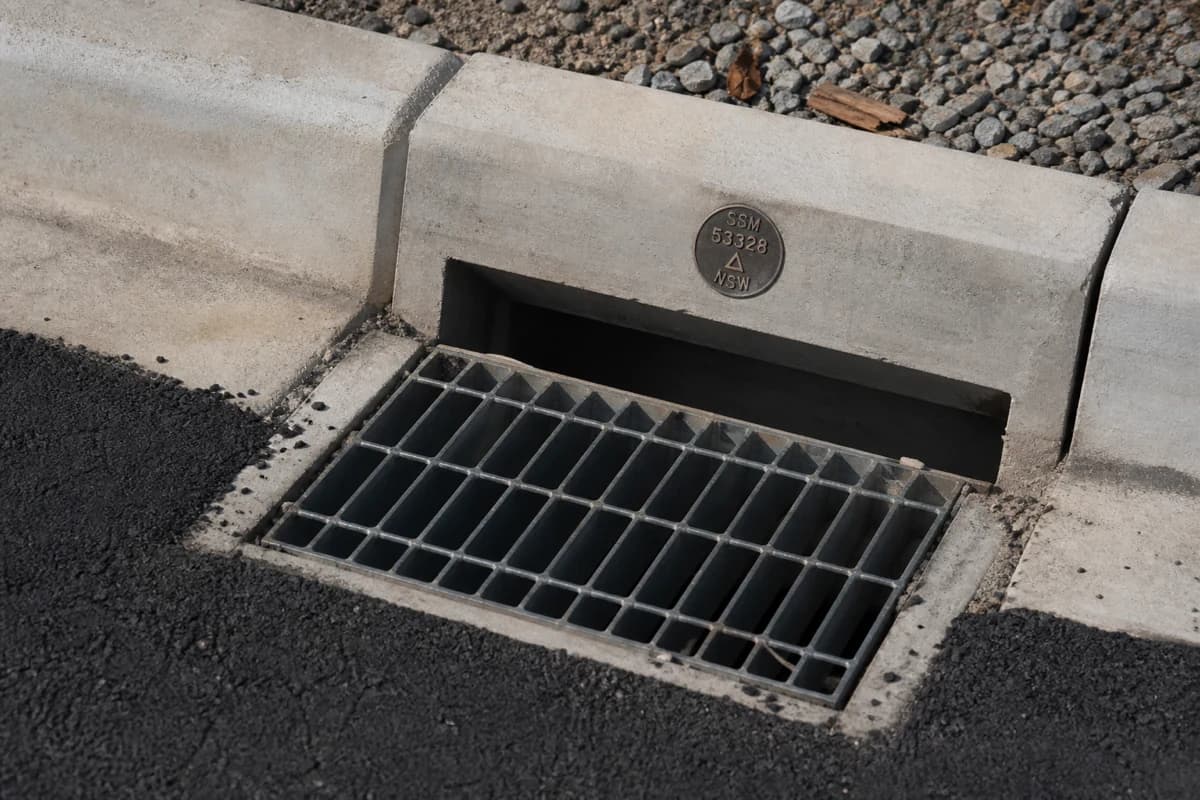 Road drainage contractor kerb inlet and stormwater pit at the edge of industrial asphalt pavement on a NSW estate