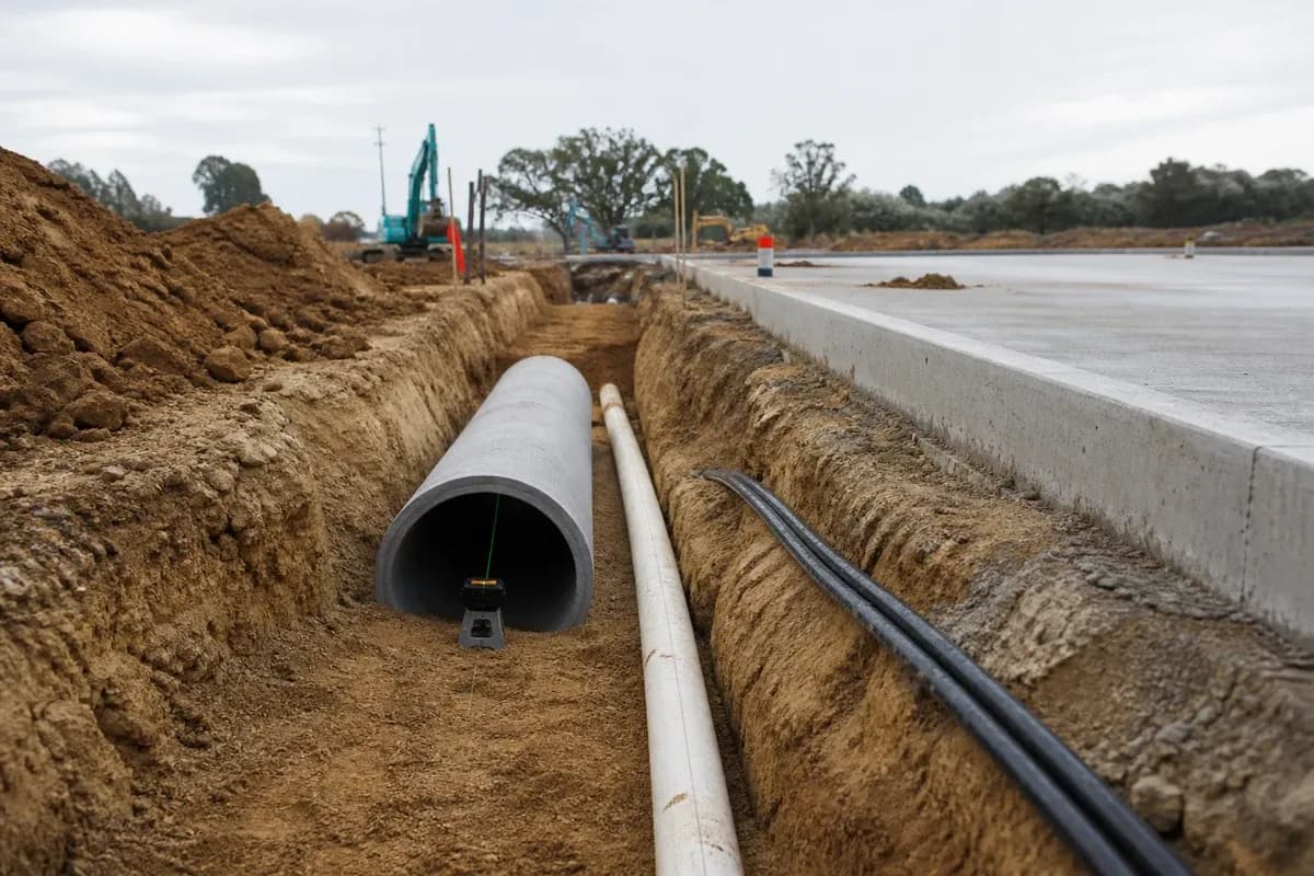 Drainage and utilities NSW stormwater pipe and conduit trench beside a future industrial pavement edge in New South Wales