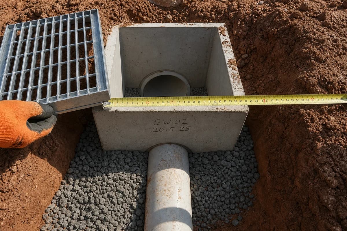 Civil drainage contractor measuring a stormwater pit grate and pipe bedding for industrial yard drainage NSW works in Australia