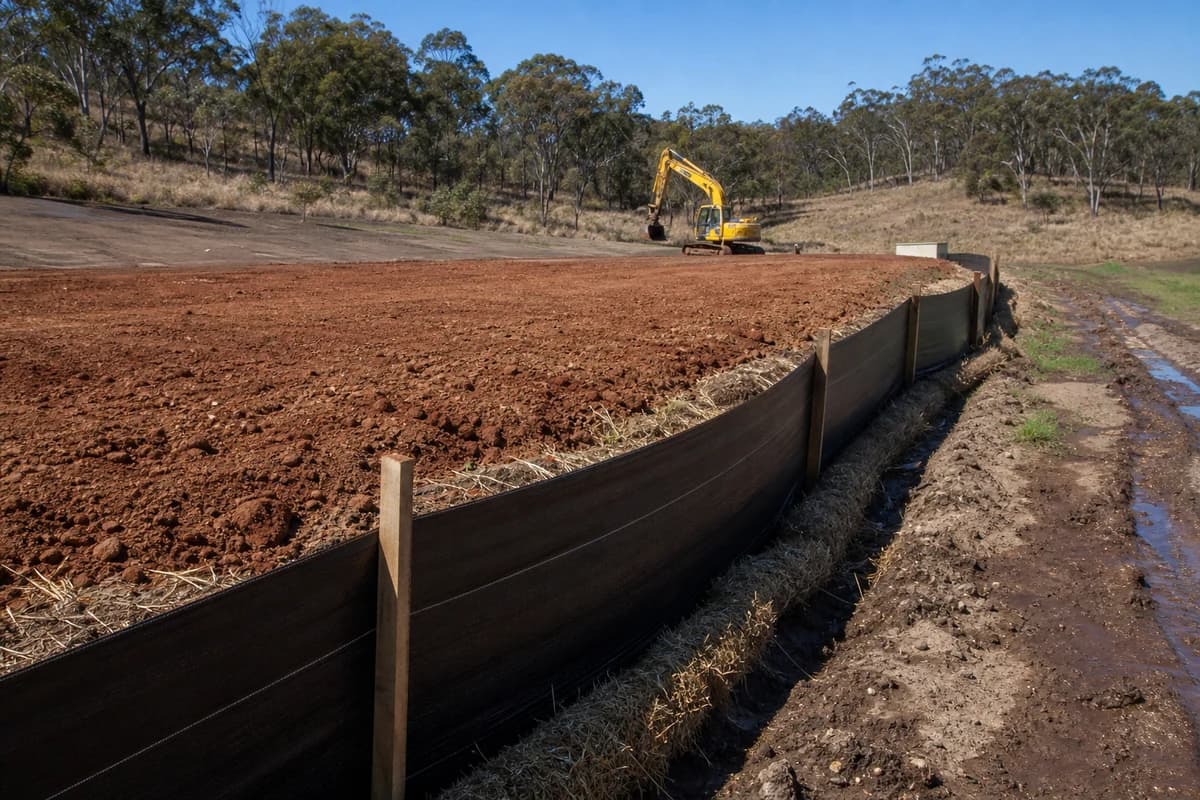 Sediment fence and environmental control at the edge of NSW civil earthworks during ISO-aligned delivery