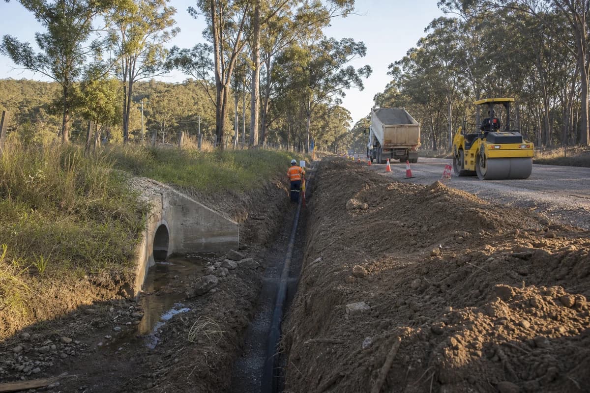 Utility trenching NSW and culvert installation NSW works beside a live drainage headwall on a New South Wales industrial access road