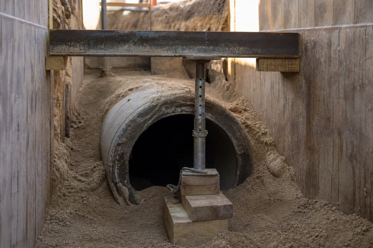 Temporary support and sand bedding around an existing live pipe during civil drainage contractor works in NSW, Australia