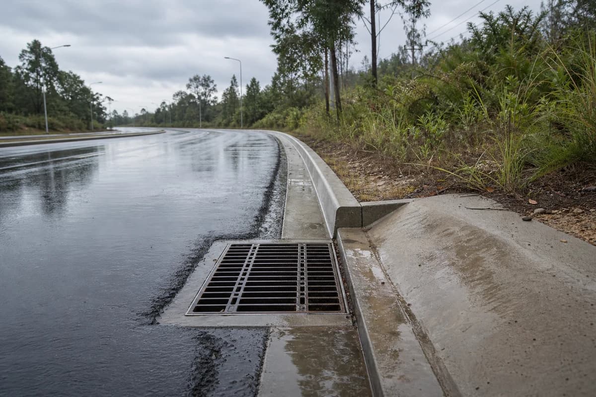Road drainage contractor interface where wet new pavement meets a table drain and grated pit