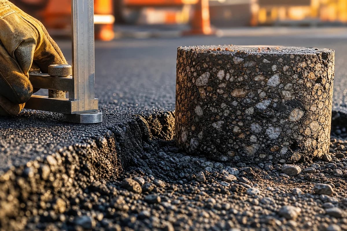 Asphalt works NSW quality check with fresh pavement core and aggregate texture in warm light