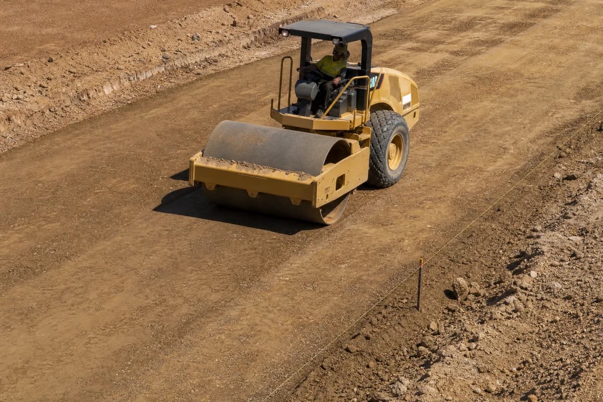 Pavement construction contractor NSW proof-rolling moist subgrade before base layers under midday sun