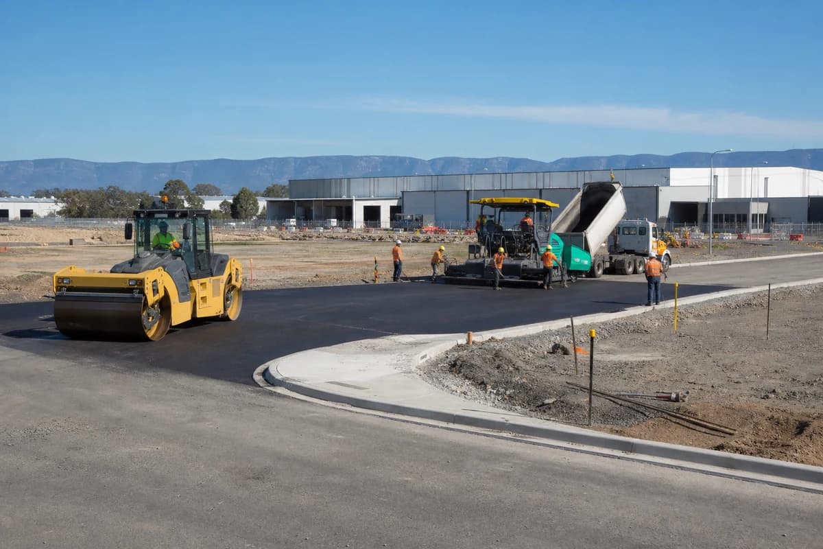 Roadworks Penrith yellow roller and asphalt paver forming heavy-vehicle warehouse access apron at St Marys industrial estate NSW Australia
