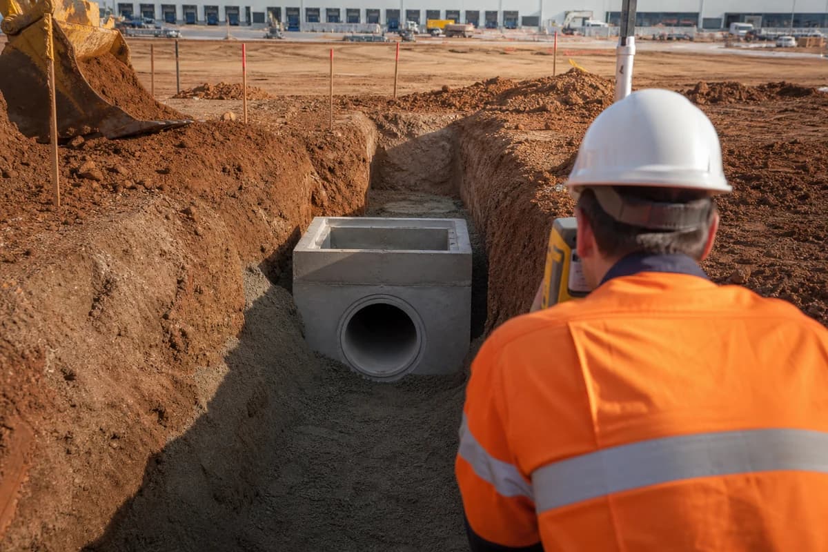 Drainage contractor Penrith installing concrete stormwater pit and pipe bedding in red-brown clay trench on industrial logistics site NSW