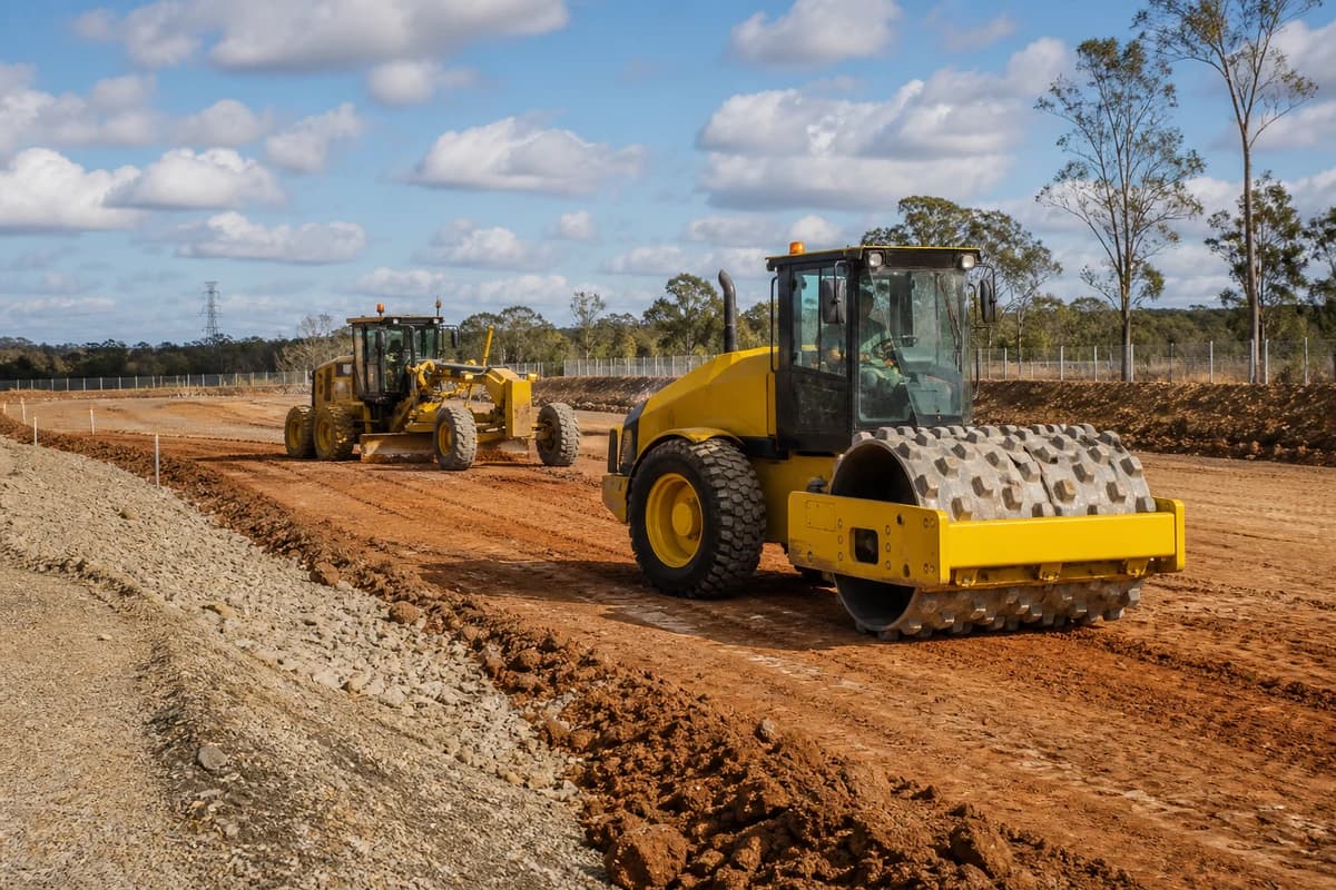 Earthworks Penrith yellow sheepfoot roller compacting red-brown Cumberland Plain clay on a St Marys Western Sydney NSW logistics pad