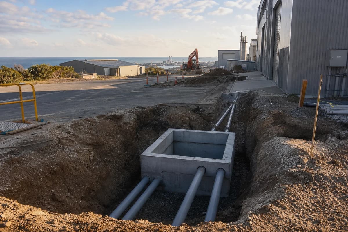 Utility trench and pit interface beside a sealed industrial access road near Port Kembla industrial sheds at late afternoon