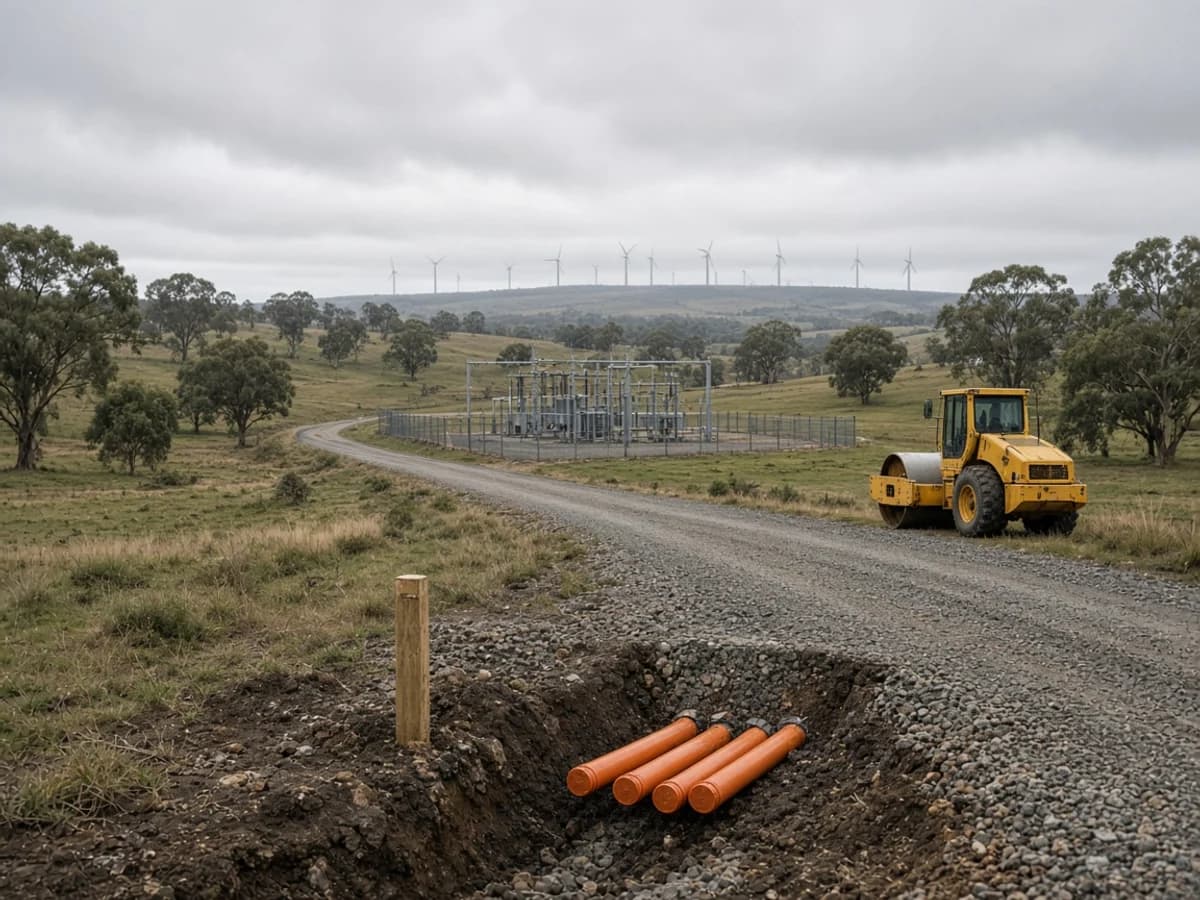 Illustrative conduits sleeved under a gravel renewable access road leading to a substation compound, with wind turbines on a ridge in rural NSW, Australia