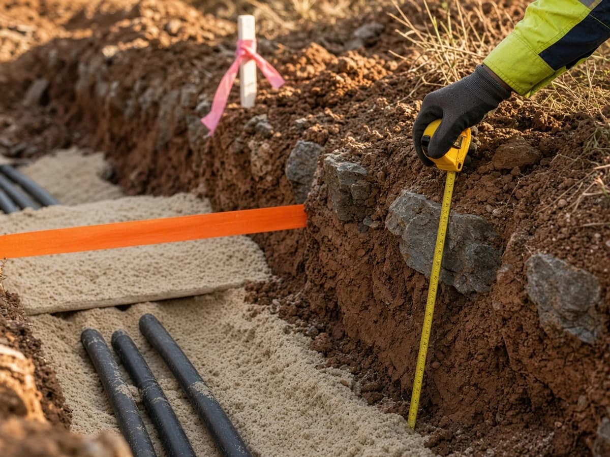 Illustrative cable trench hold point in NSW: a tape measure checks depth beside cables in sand bedding under orange warning tape, Australia