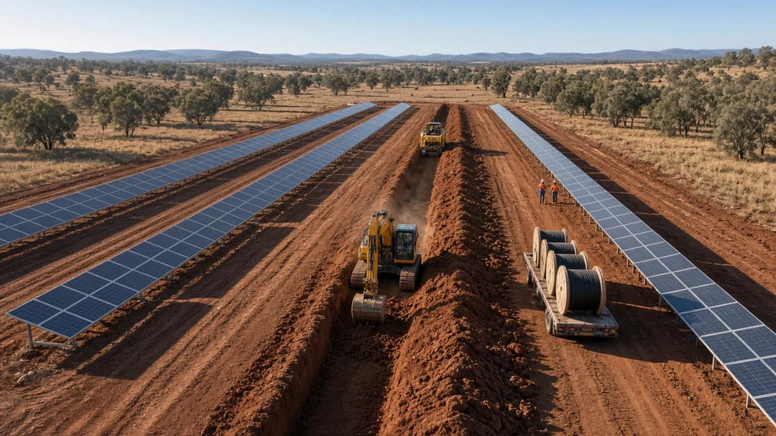 Illustrative renewable energy cable trenching NSW: an excavator digs a trench between solar tracker rows on red-brown soil beside cable drums, inland NSW, Australia