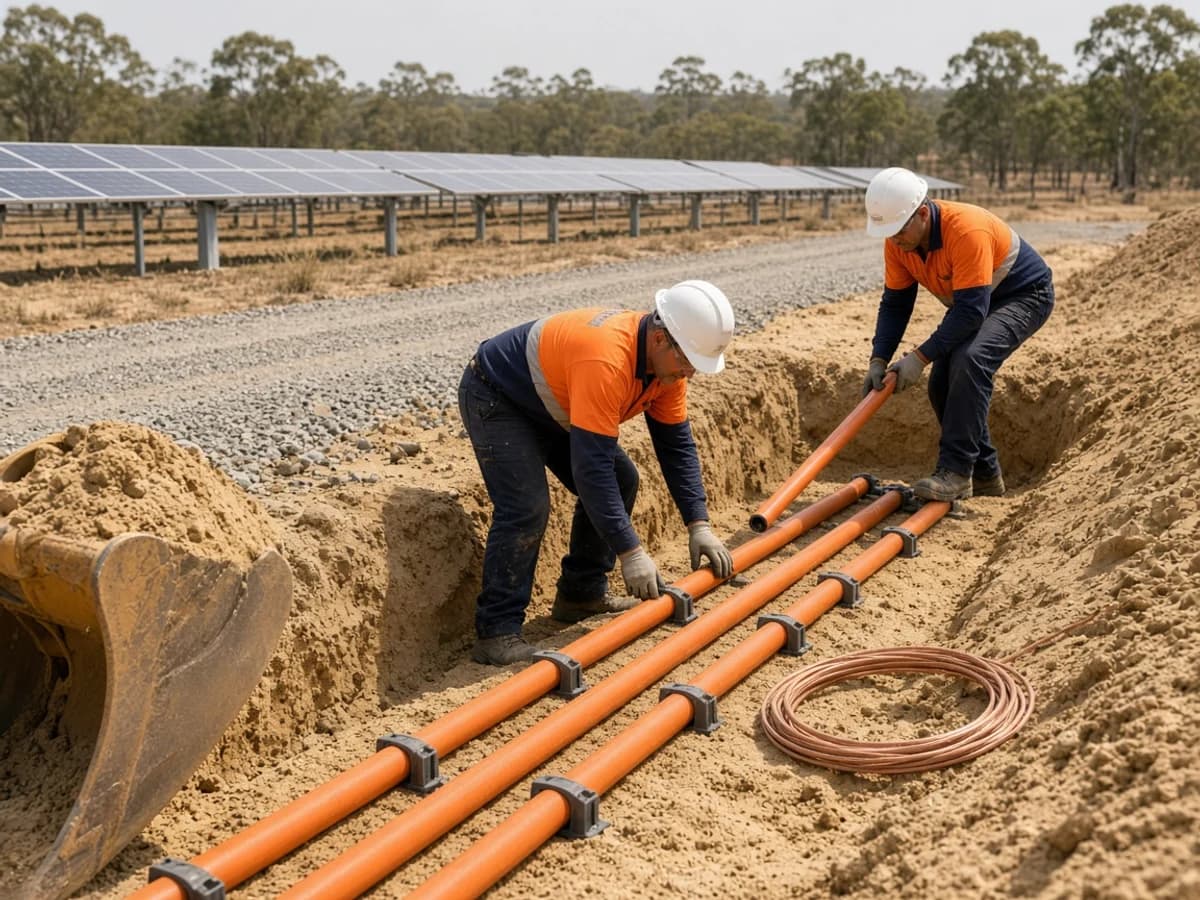 Illustrative conduit installation on a NSW solar farm: workers in hi-vis lay orange conduits on sand bedding beside a copper earth conductor and tracker rows, Australia