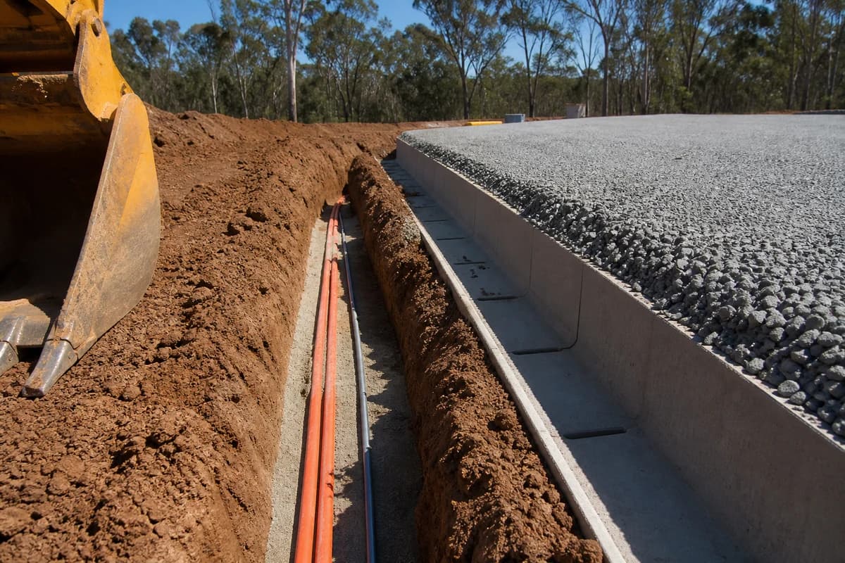 Cable trench and drainage edge detail for battery storage civil works beside a compacted hardstand on a NSW renewable energy zone site