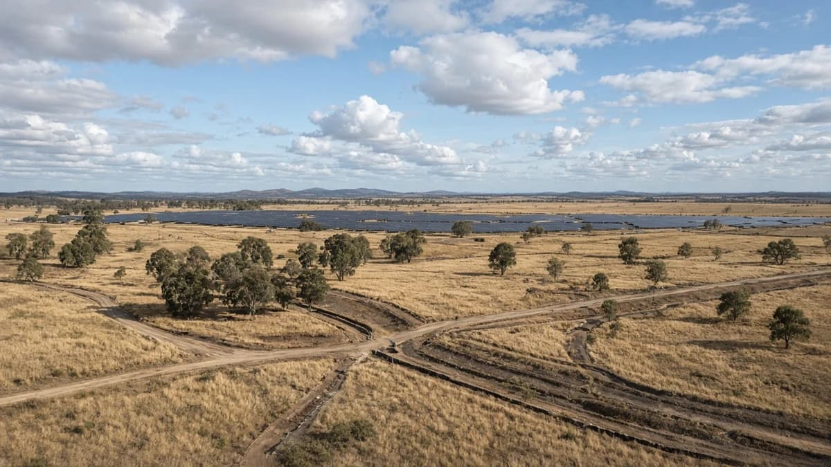 NSW renewable energy corridor context with solar array rows, gravel access tracks, and open farmland catchment under Australian sky