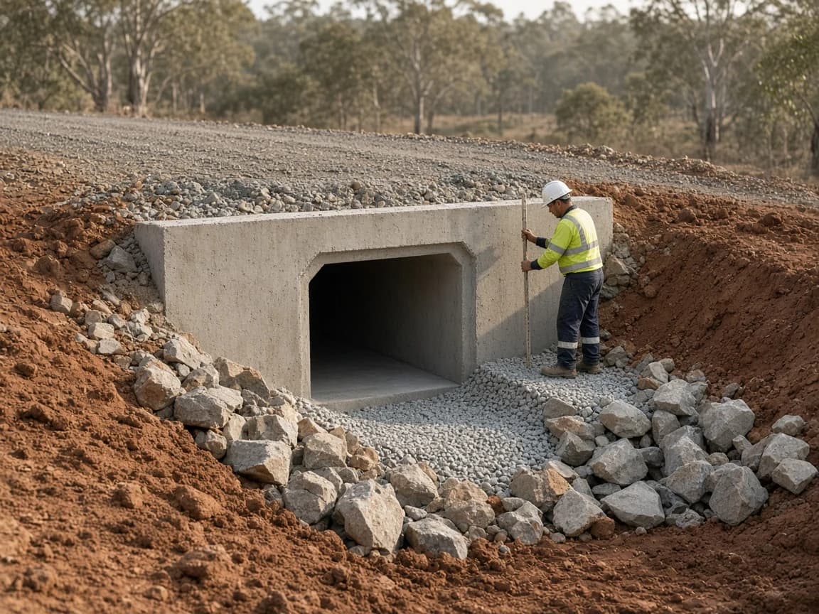 Culvert installation NSW concrete headwall and scour rock under a renewable haul-road crossing with invert check on red-brown NSW soil, Australia
