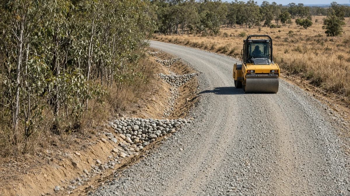 Renewable project stormwater controls on a NSW access track: table drain and rock check dams beside a yellow roller on Australian farmland