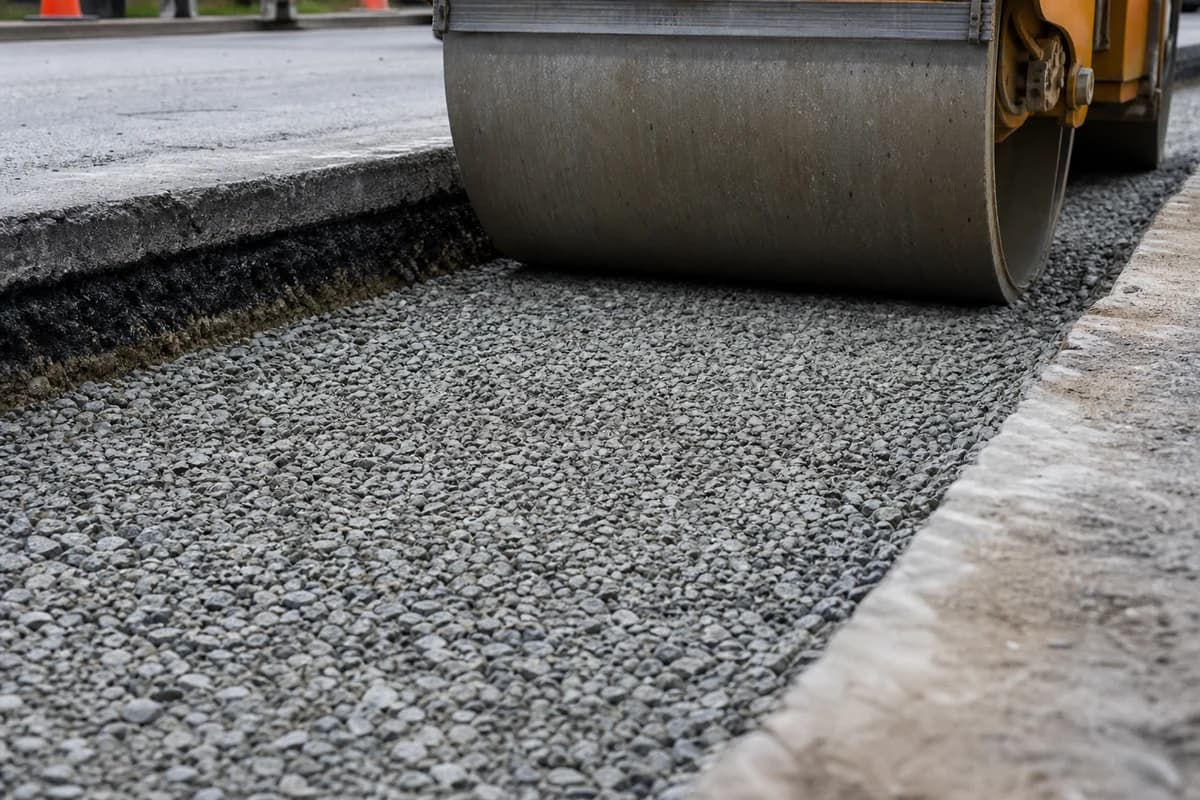 Fresh basecourse lifts being compacted in a dig-out box during asphalt works NSW rehabilitation