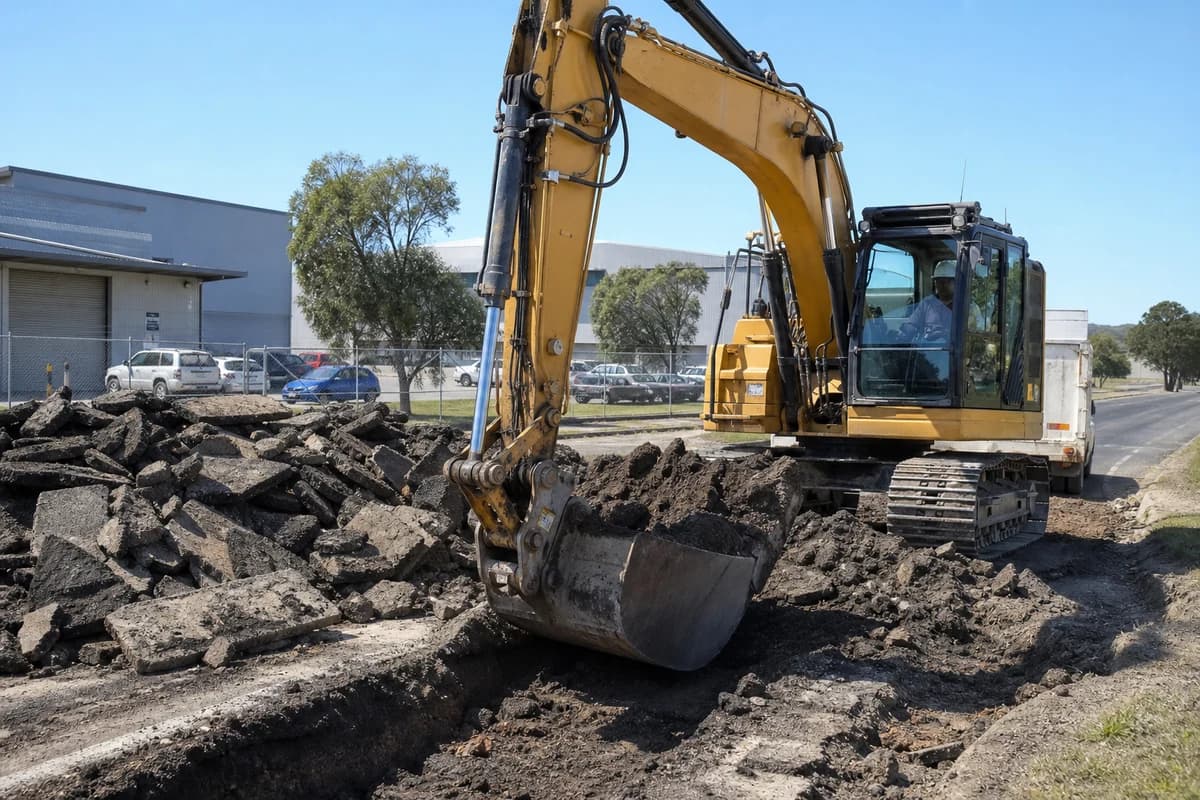 Road rehabilitation contractor NSW excavator removing failed asphalt and soft base on a rutted industrial access road