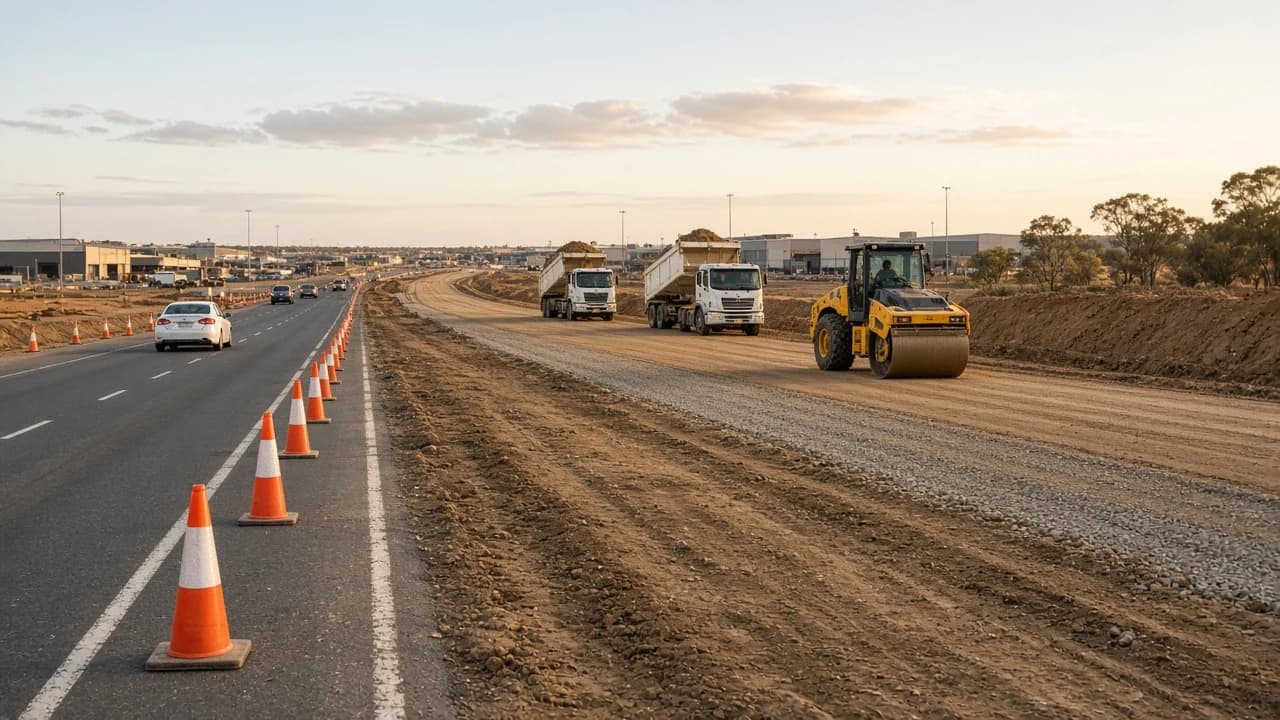 Staged road widening on a New South Wales industrial approach road with traffic cones, tippers, and a yellow roller on unbound pavement under Australian afternoon light