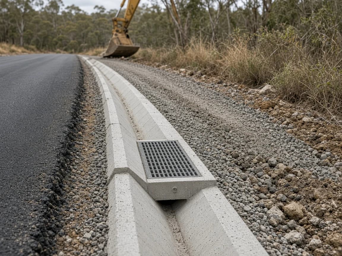 Road drainage contractor grated pit and concrete table drain at the asphalt edge of a NSW road widening shoulder with Australian bush behind the verge