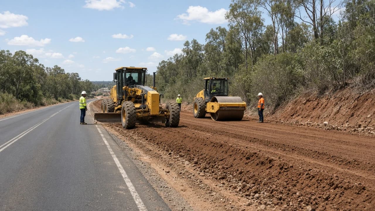 Road widening contractor NSW grader and roller shaping new shoulder formation beside an existing asphalt access road on a New South Wales industrial corridor, Australia