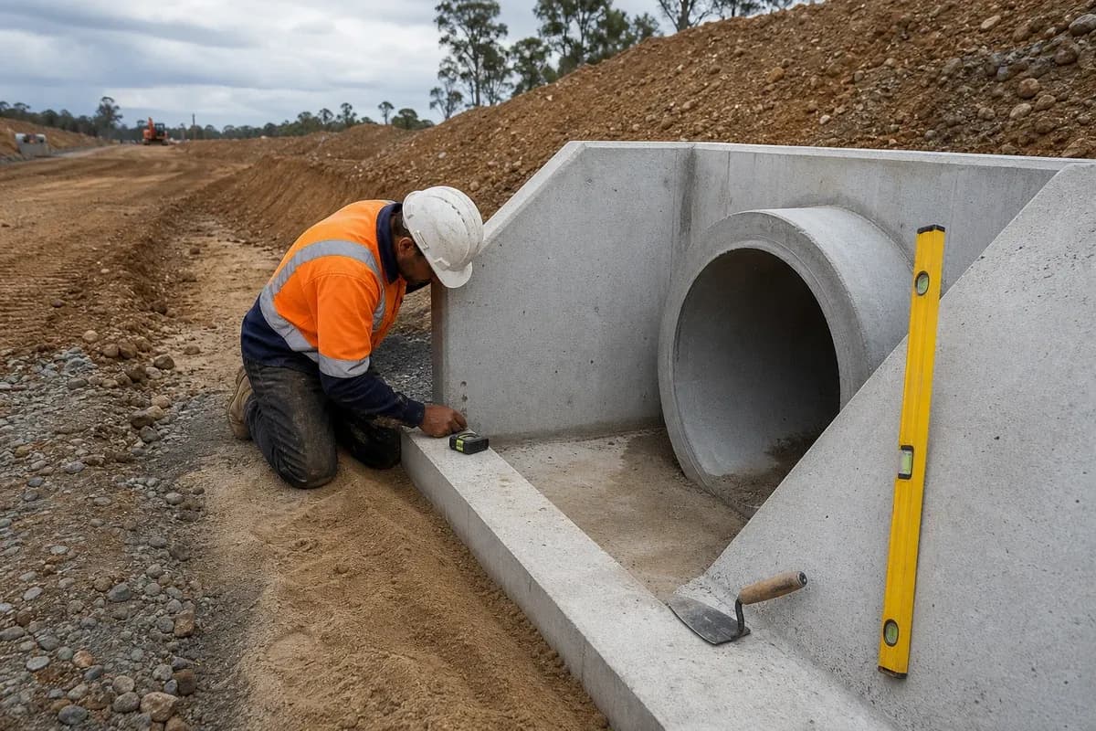 Culvert installation NSW concrete headwall and pipe bedding detail for an industrial service corridor in New South Wales