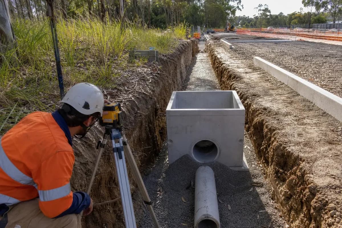 Stormwater drainage NSW pit and trench bedding along an industrial service corridor before pavement layers in New South Wales