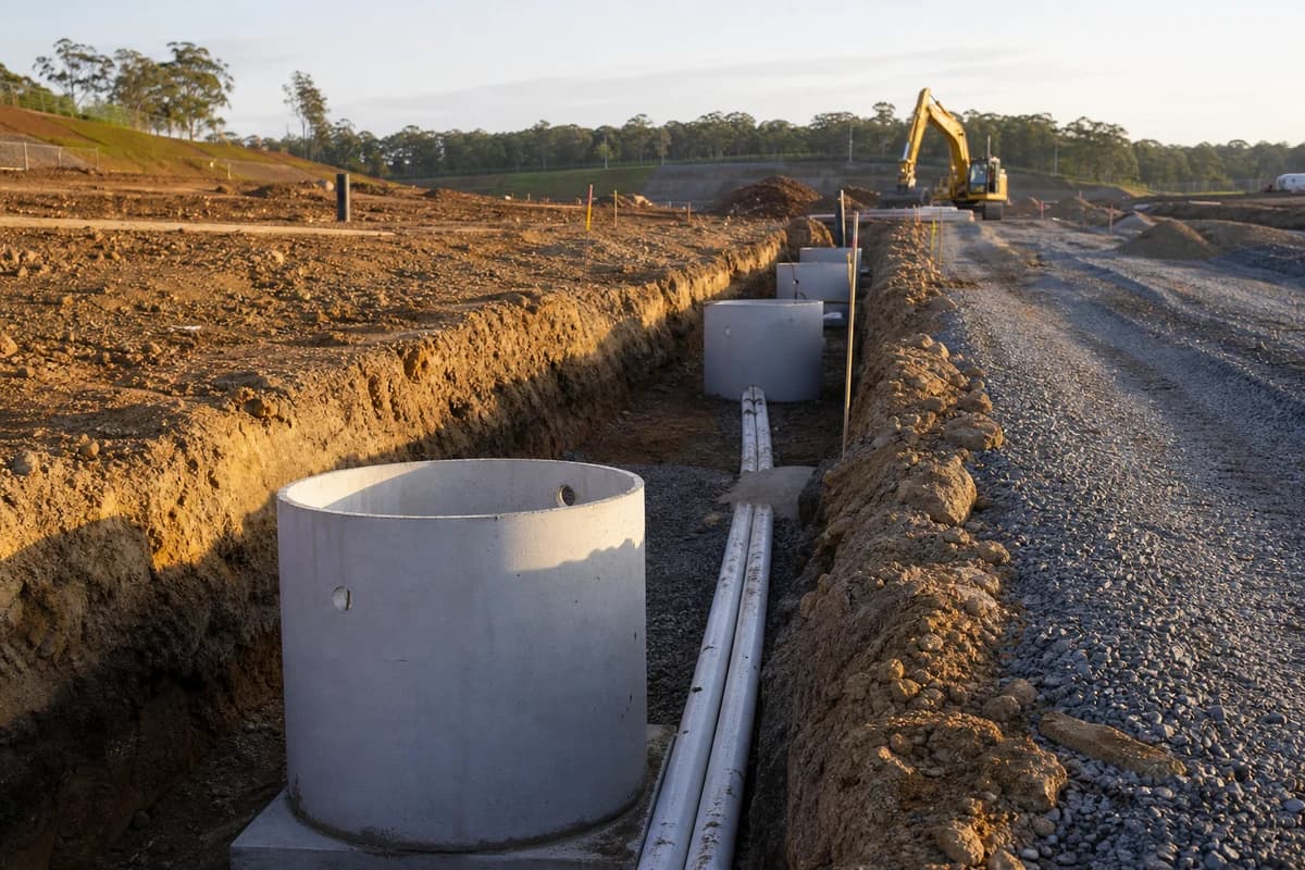 Drainage and utilities NSW trench with pit rings beside a fresh site development access track in late afternoon light