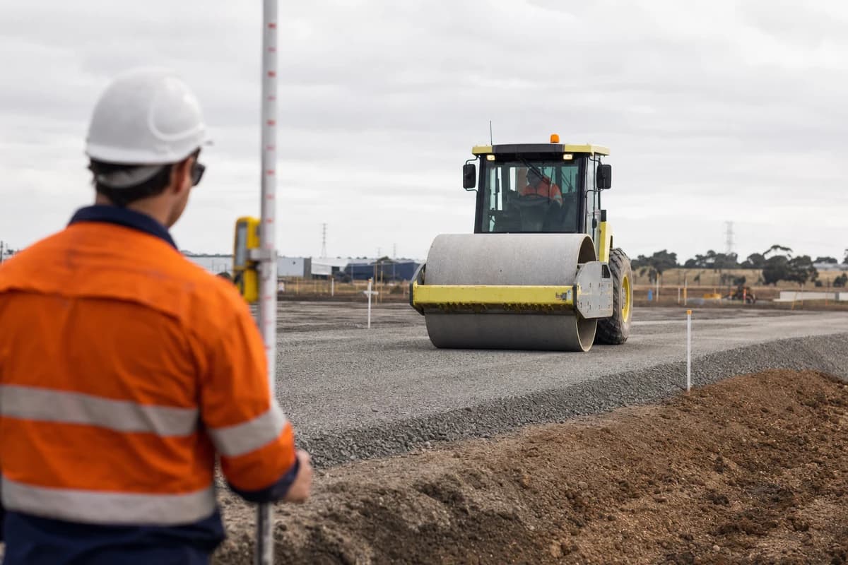 Civil site preparation NSW roller finishing a graded pad with survey staff checking levels under soft overcast light