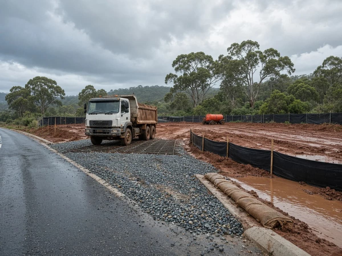 Illustrative stabilised site entry with a steel shaker grid, silt fencing, and sediment logs at a kerb inlet on a NSW site preparation project after rain