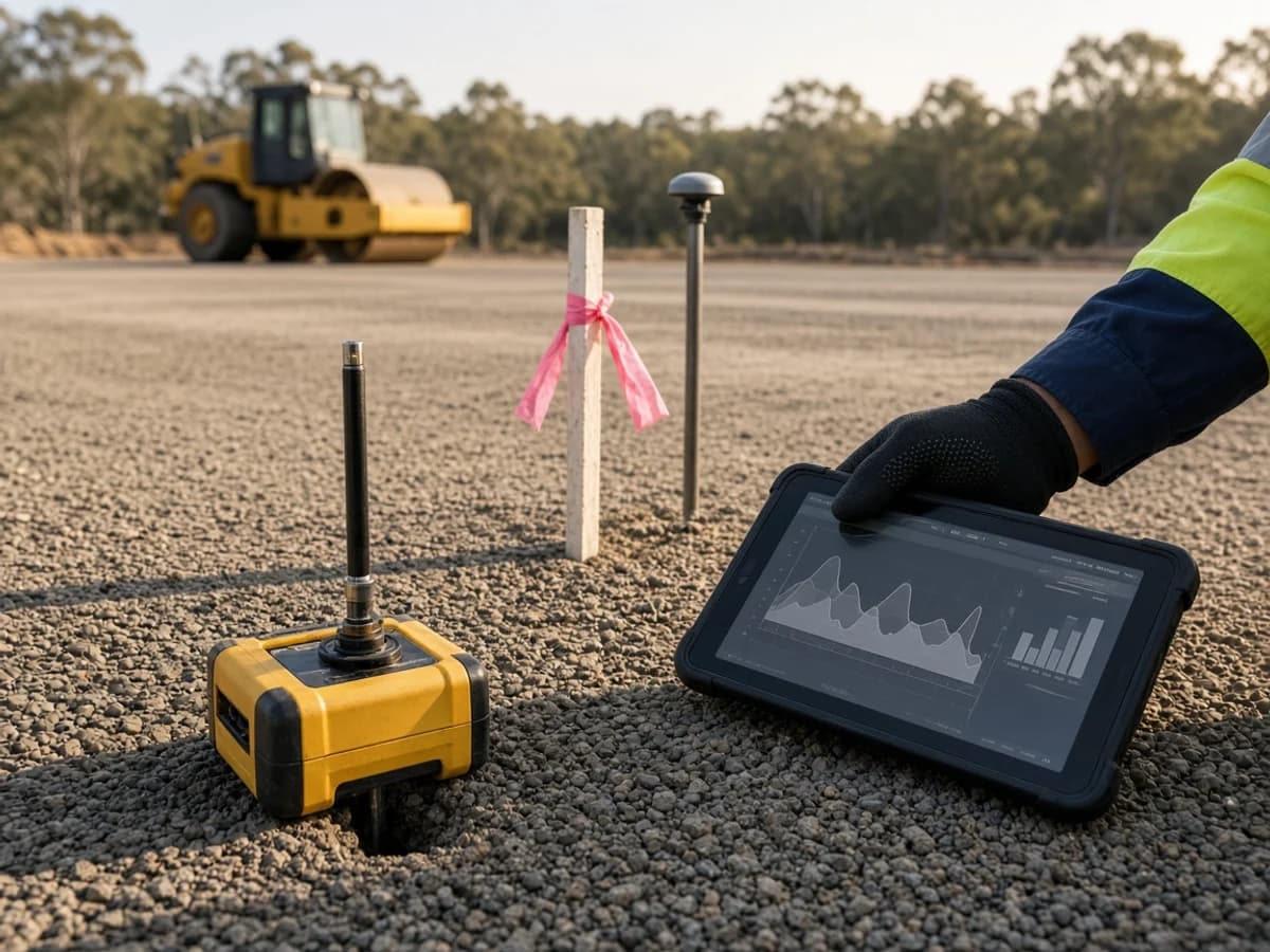 Illustrative site preparation checklist NSW readiness test with a portable density gauge, survey peg, and handheld tablet on a compacted building pad