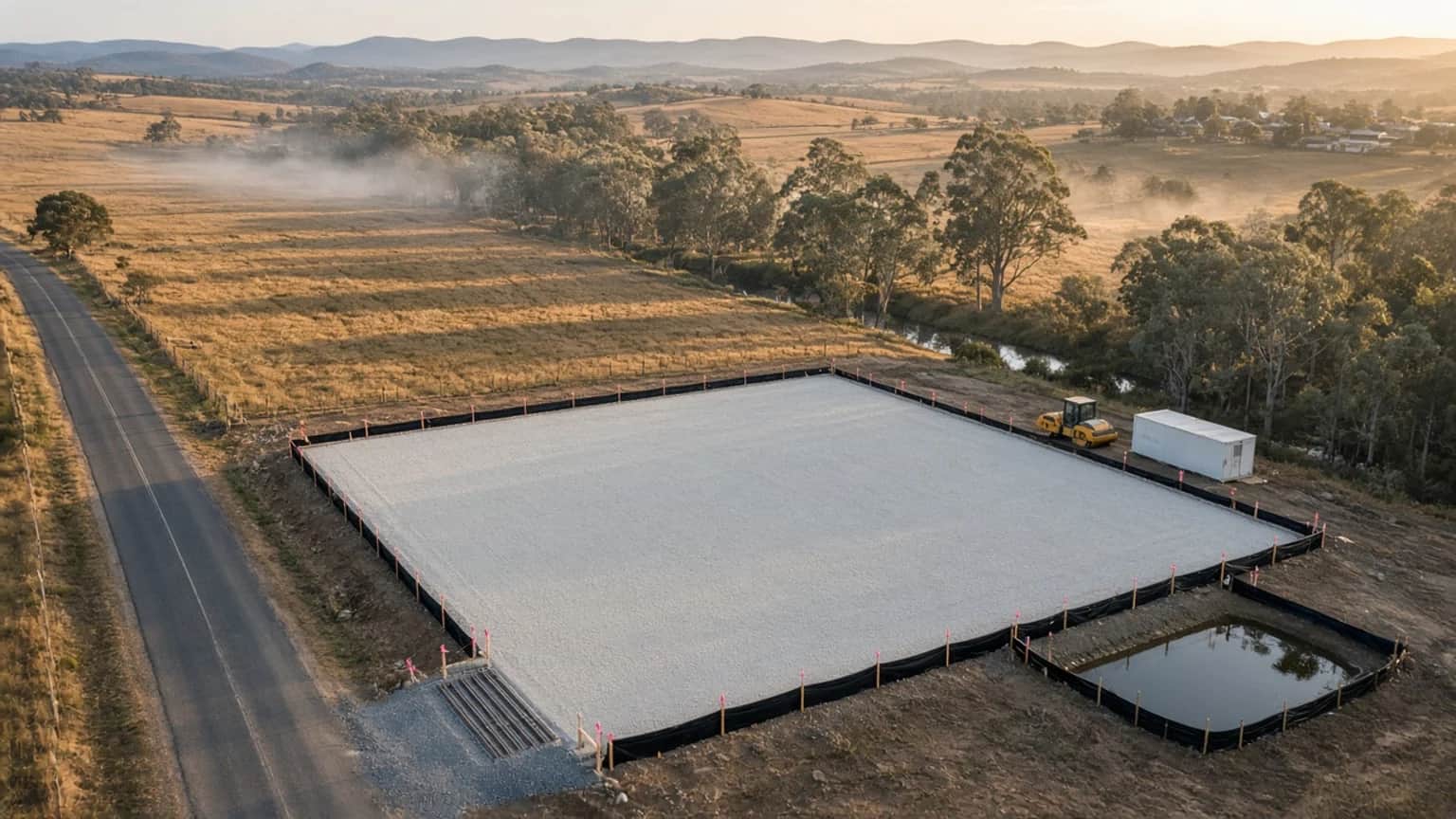 Illustrative construction-ready building pad with silt fencing, a sediment basin, and a stabilised entry beside a country road and eucalyptus creek line in NSW, Australia
