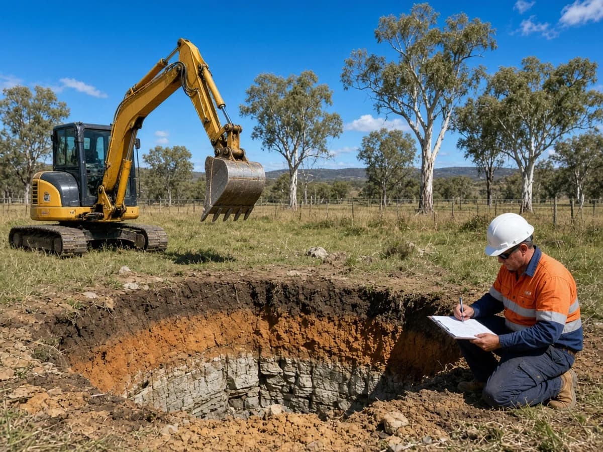 Illustrative geotechnical engineer logging clay and weathered shale layers in a test pit beside a compact excavator on an undeveloped NSW lot with eucalyptus trees