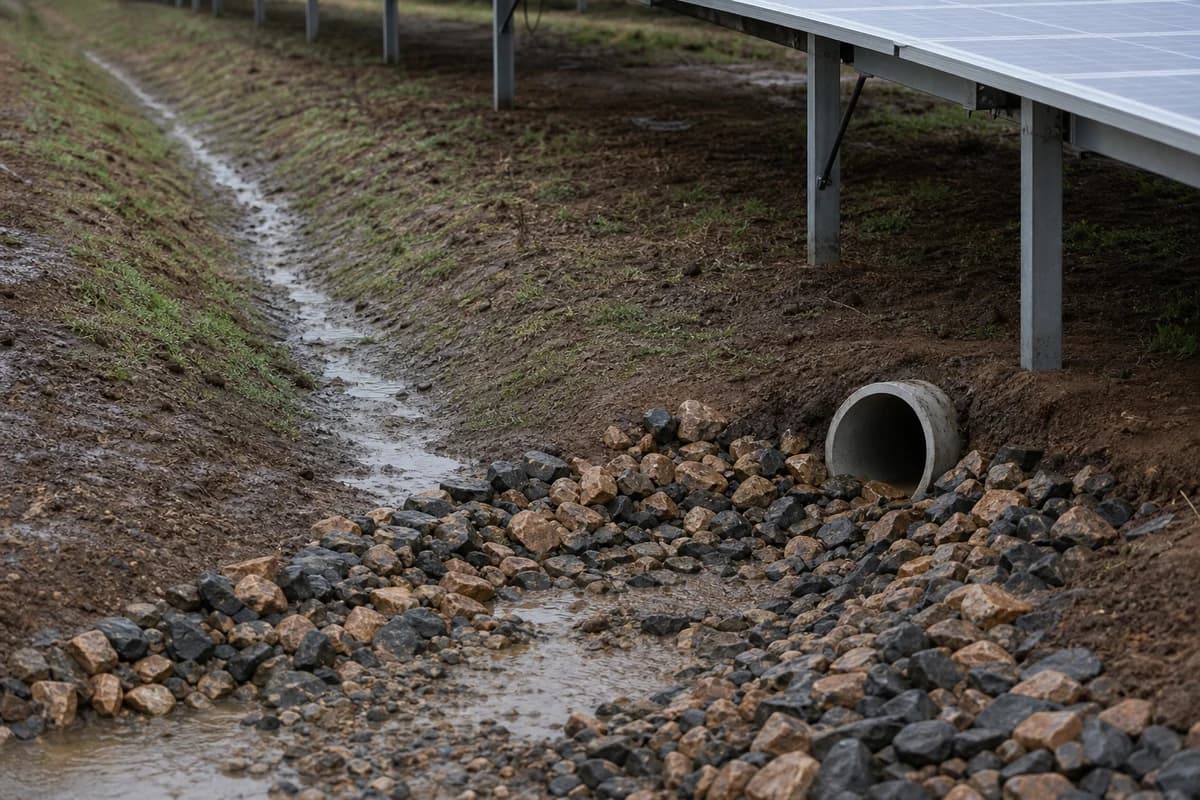 Solar farm drainage swale and stormwater outlet at the edge of PV array rows in NSW