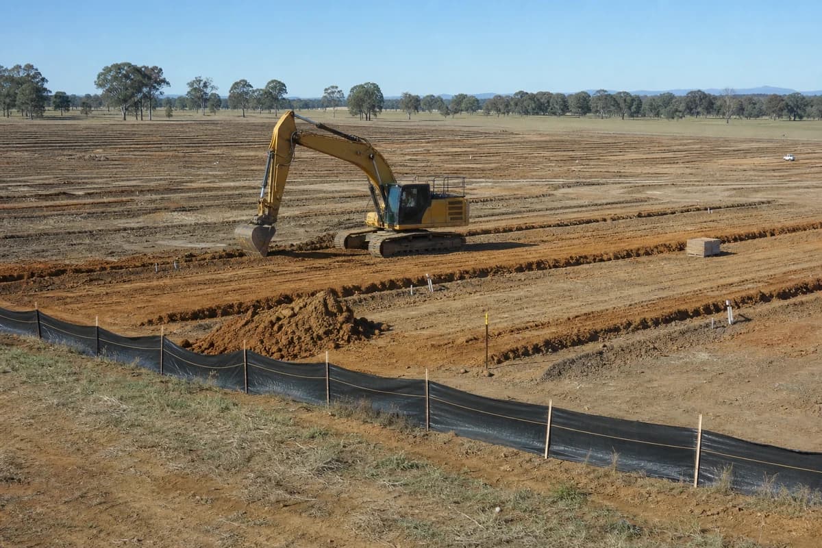 Solar farm civil works NSW earthworks with excavator forming tracker pad rows and cable corridors