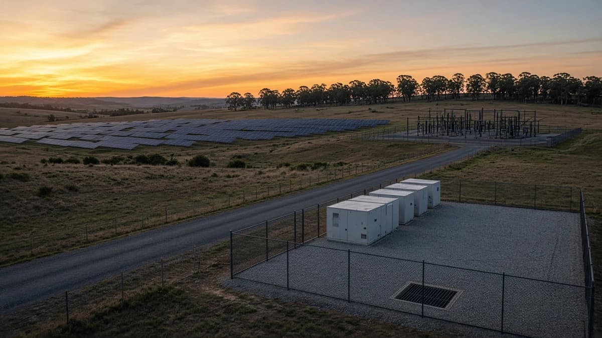 Battery storage civil works hardstand with drainage grate beside renewable access road, solar arrays, and grid compound on NSW Central-West Orana farmland at dusk, Australia