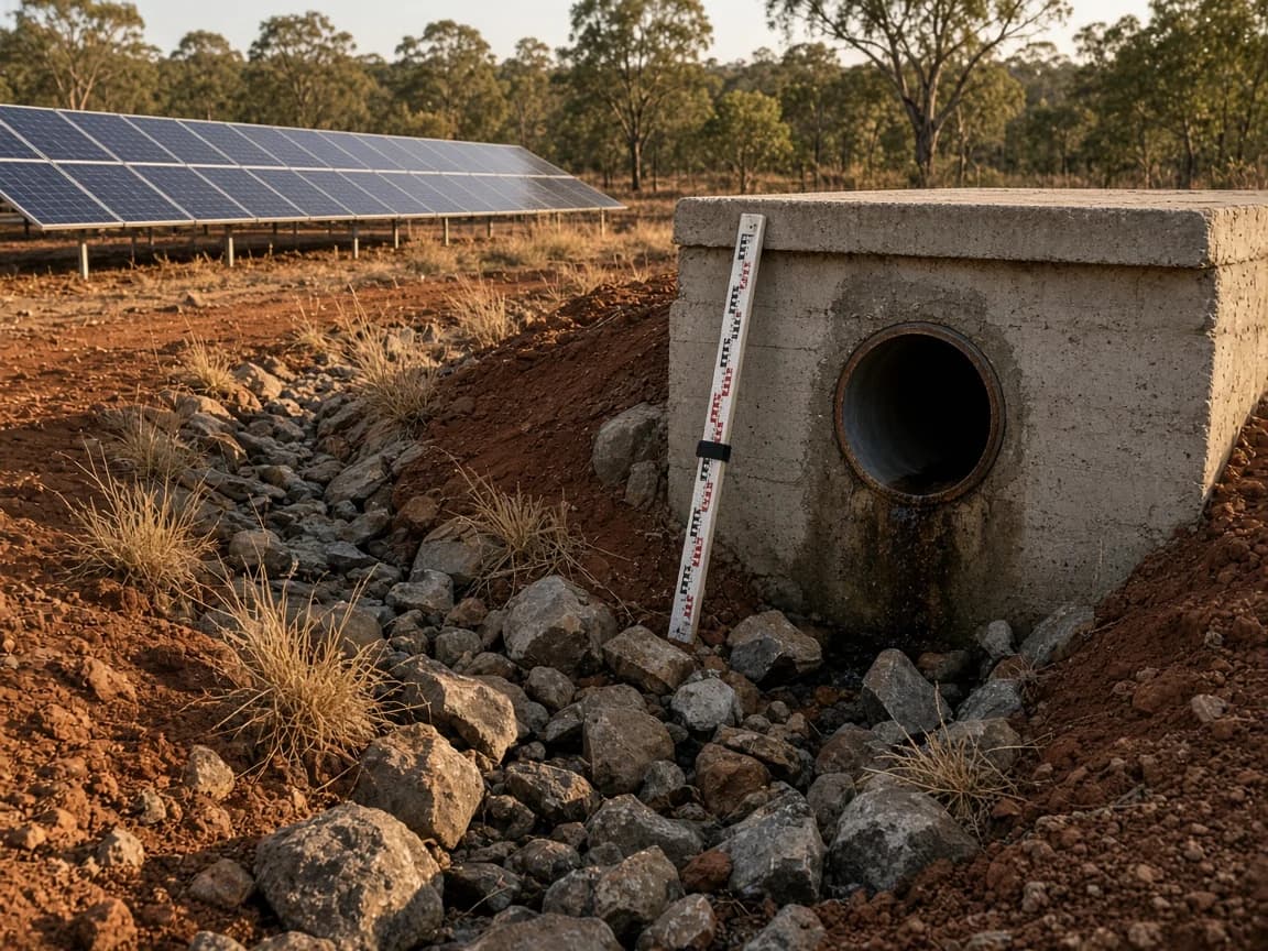 Solar farm drainage NSW concrete outlet headwall with invert survey staff and rock dissipater beside PV arrays in New South Wales, Australia