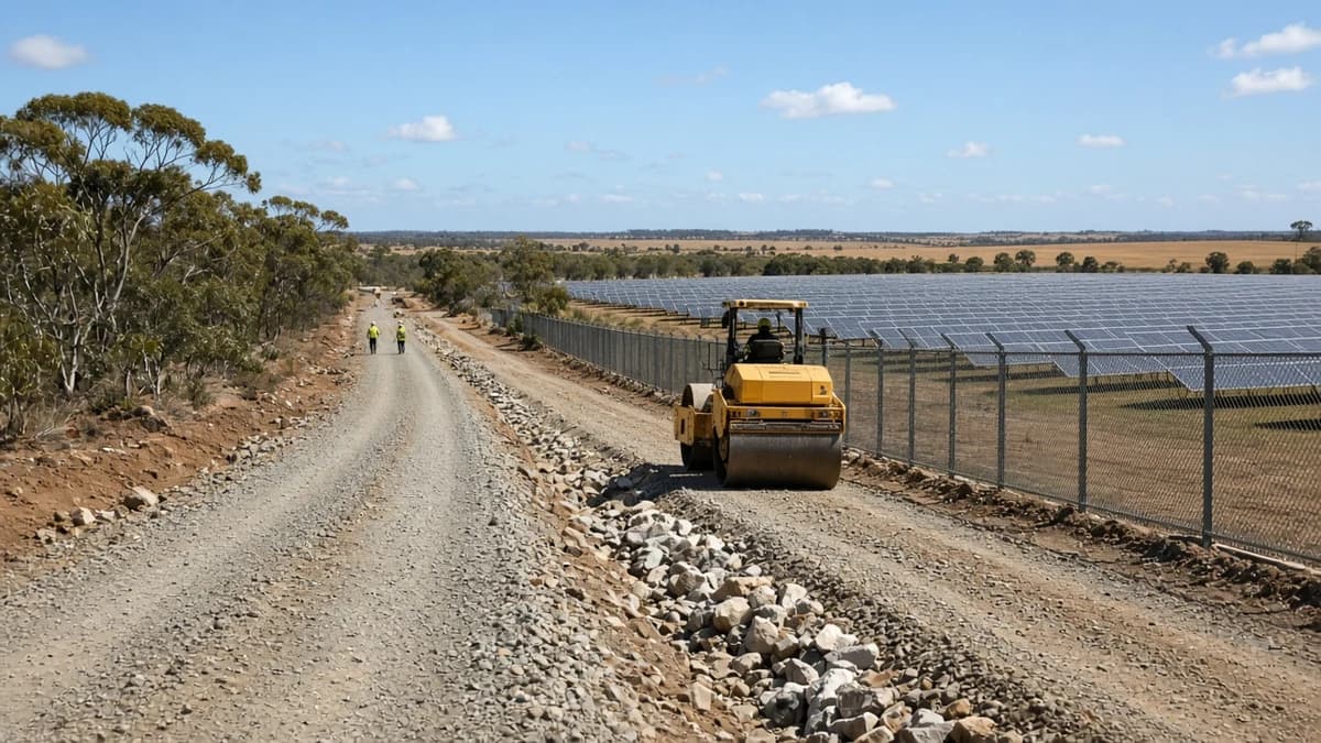 Solar farm drainage NSW access track with roller and table-drain rock beside PV array fencing on inland NSW farmland, Australia