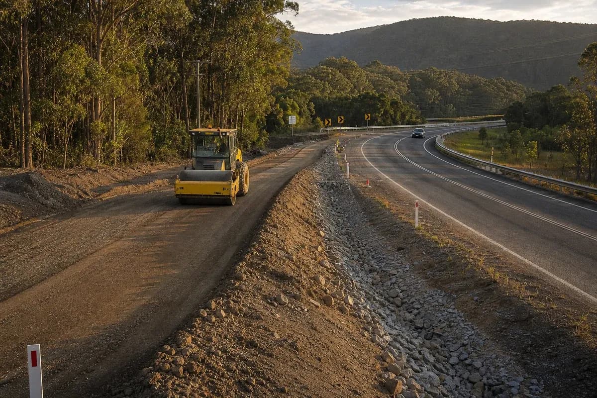 Roadworks South Coast NSW site entry tying to a sealed regional road with shoulder and table drain works in coastal hinterland