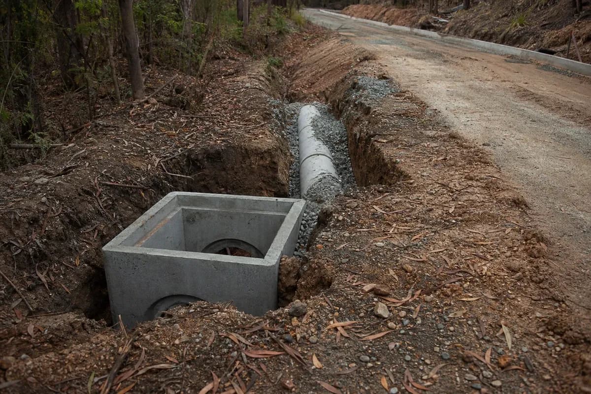 Drainage contractor South Coast NSW stormwater pit and trench beside a forming access road in coastal NSW eucalyptus scrub