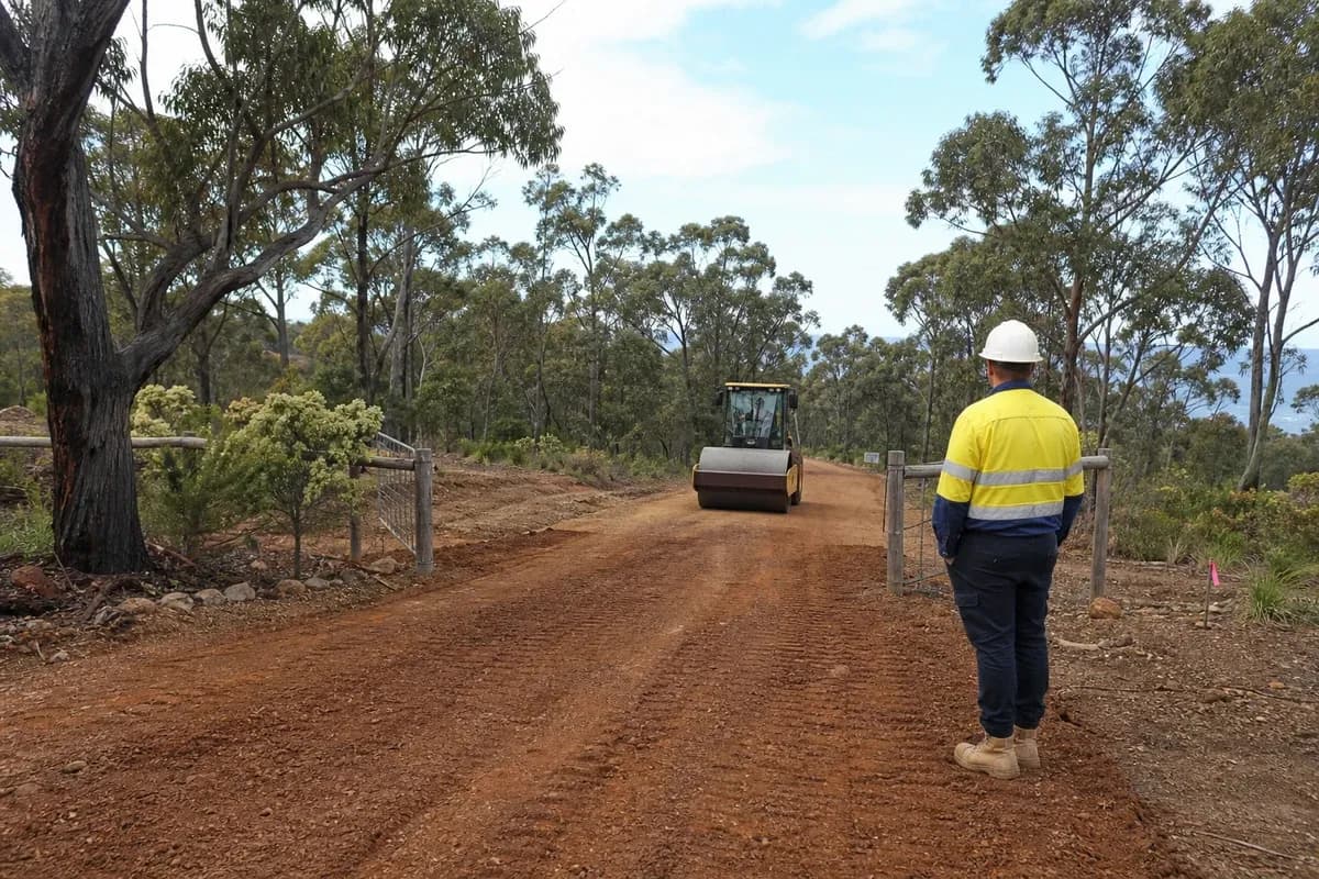 South Coast NSW civil contractor site access gravel gate with roller compaction beside eucalyptus coastal hinterland scrub